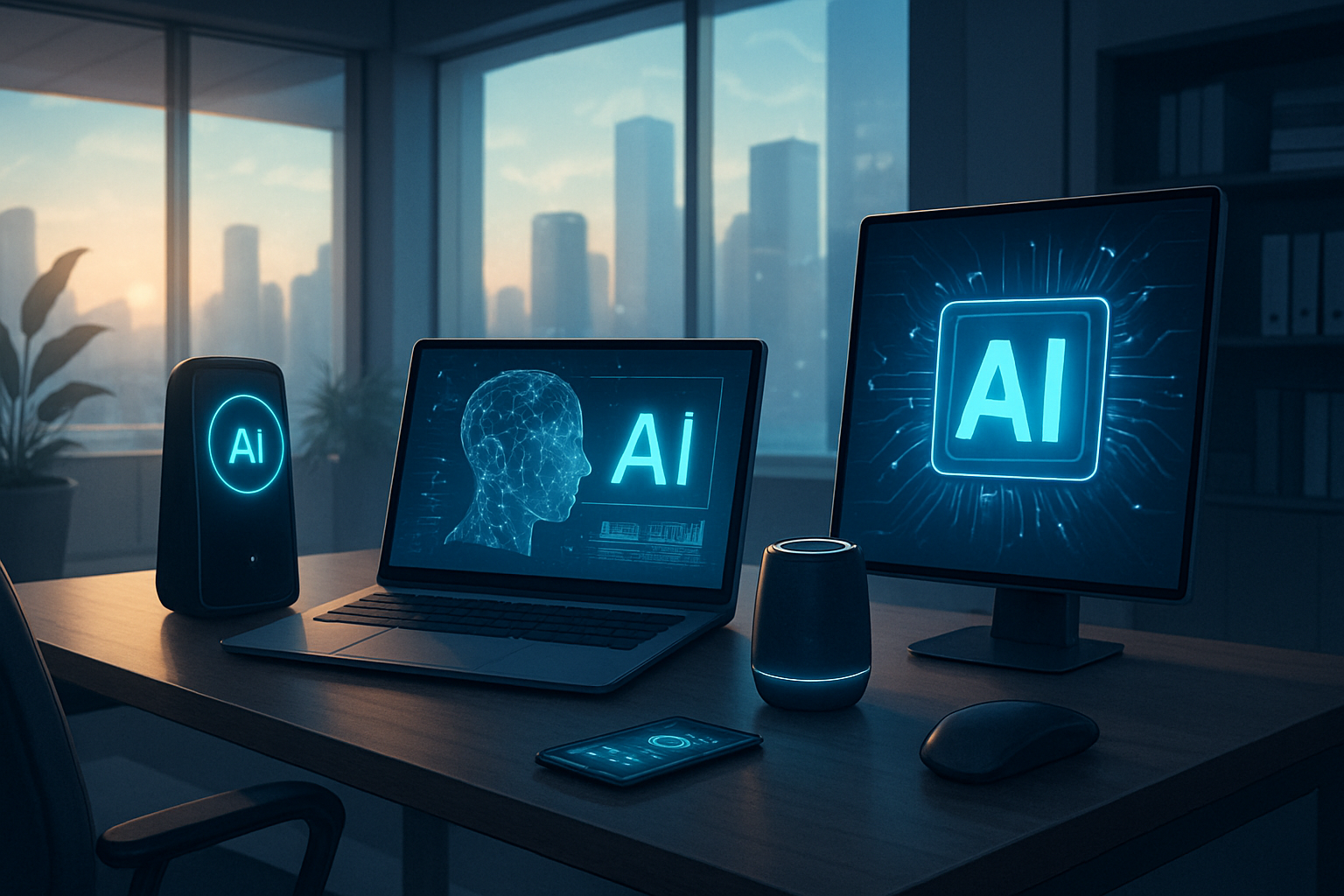 Ilustrasi sinematik pemandangan kantor modern dengan berbagai gadget AI di meja kerja, menampilkan nuansa teknologi masa depan yang menyebar di lingkungan kerja.
