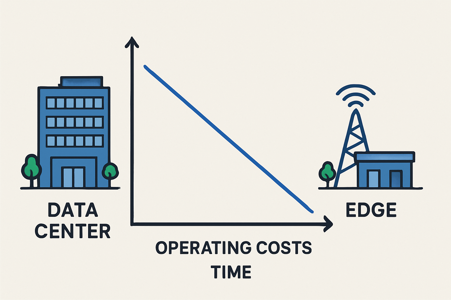 Ilustrasi perbandingan biaya operasional antara pusat data dan perbatasan, dengan garis waktu yang menunjukkan penurunan biaya dari perbatasan.