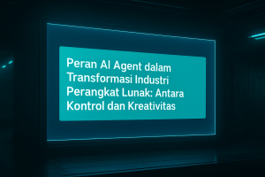 Prompt Gambar 1: Background yang menggambarkan foto real dari Era Agentic Coding: Antara Harapan dan Kenyataan, ditampilkan di bagian bawah layar digital besar menampilkan placeholder judul artikel. Gaya sinematik, palet warna biru-teal, pencahayaan neon lembut. A stylized digital screen in a futuristic setting, displaying a prominent, contrasting color box sebagai placeholder untuk judul artikel "Peran AI Agent dalam Transformasi Industri Perangkat Lunak: Antara Kontrol dan Kreativitas".