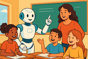 Ilustrasi seorang guru dan murid berinteraksi dengan AI di dalam kelas, dengan suasana yang penuh semangat dan kolaboratif. AI ditampilkan sebagai asisten yang membantu dalam proses belajar. Ilustrasi ini mencerminkan harapan akan integrasi teknologi yang mendukung pendidikan yang lebih baik.