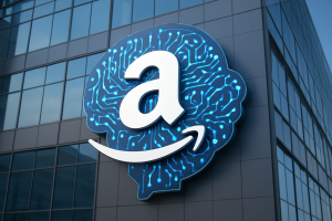 3d illustation dari logo Amazon yang terintegrasi dengan elemen AI, mencerminkan perpaduan antara e-commerce dan kecerdasan buatan. Logo Amazon yang ikonik terlihat berpadu dengan grafik sirkuit dan neuron, menyoroti transformasi perusahaan. Dan menjadi ikon di depan gedung office modern besar