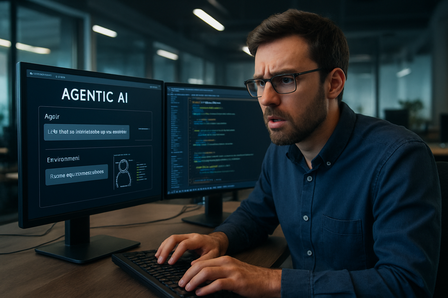 Gambar menampilkan seorang pengembang software yang sedang melakukan pengujian sistem agentic AI. Ekspresi wajahnya mencerminkan ketegangan dan fokus saat ia memantau interaksi antara agen dan lingkungan. Latar belakang ruang kerja yang modern menambahkan nuansa teknologi yang intens.