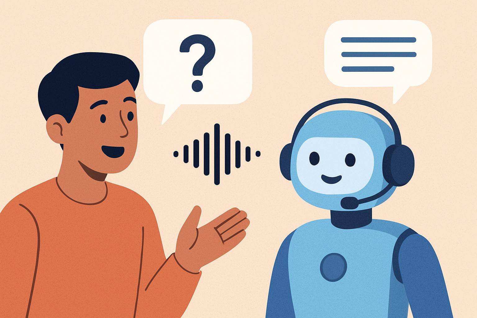 Ilustrasi sebuah percakapan suara antara pengguna dan AI, di mana AI dapat mendengarkan sambil merespons secara real-time. Pengguna terlihat mengajukan pertanyaan, sementara AI memberikan jawaban dengan dinamis. Suasana terlihat santai dan interaktif.