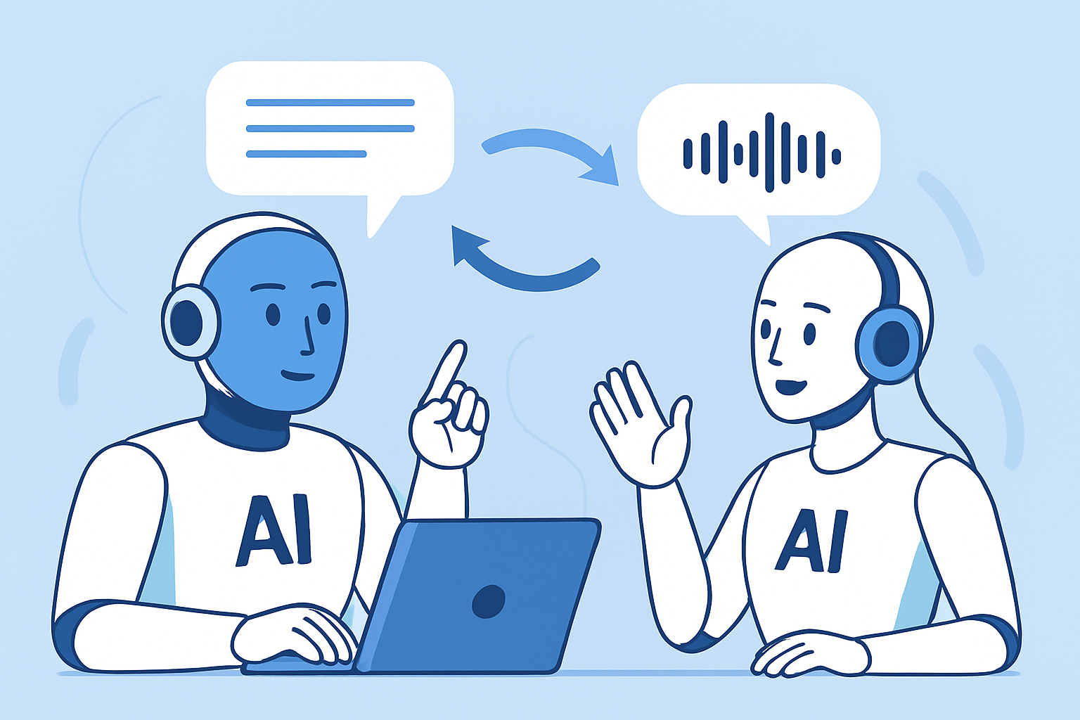 Ilustrasi kolaborasi antara dua agent AI, satu berbasis teks dan yang lain berbasis suara, yang bekerja sama untuk menyelesaikan tugas. Mereka terlihat berkomunikasi dengan lancar, menunjukkan kemampuan bi-directional streaming untuk mendukung kerja tim AI.