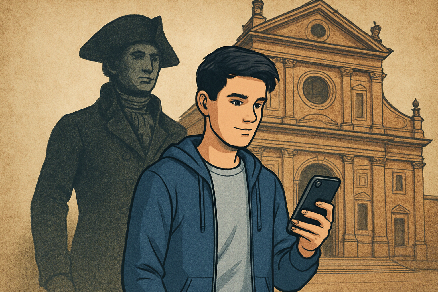 Ilustrasi kontras antara masa lalu dan masa kini: seorang anak muda dengan ponsel pintar di tangan, berdiri di depan bangunan bersejarah. Di belakangnya, bayangan tokoh sejarah yang tampak hidup, menciptakan perpaduan antara teknologi modern dan warisan kuno.