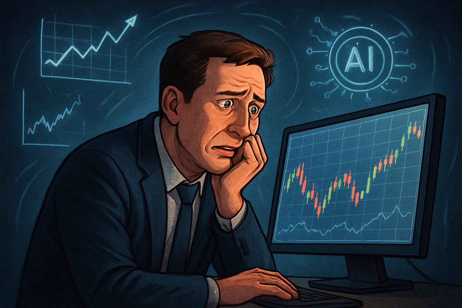 Ilustrasi seorang investor duduk di depan layar komputer, wajahnya penuh ekspresi campuran antara harapan dan kekhawatiran. Di sekelilingnya, grafik saham dan algoritma AI yang berputar, menciptakan atmosfer tegang dan dramatis.