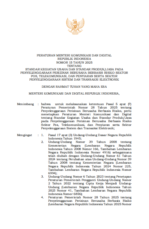 Peraturan Menteri Komunikasi dan Digital Nomor 15 Tahun 2025