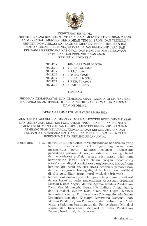 SKB 7 Menteri Pedoman Pemanfaatan Kecerdasan Artisial Satuan Pendidikan