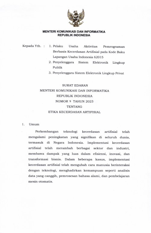 Surat Edaran Menkominfo Nomor 9 Tahun 2023
