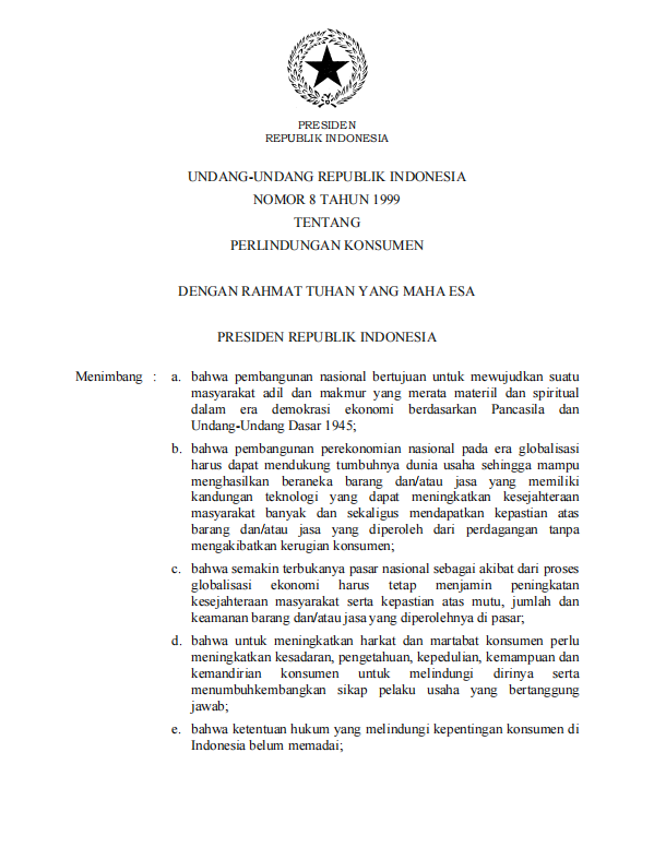 UU Nomor 8 Tahun 1999 tentang Perlindungan Konsumen