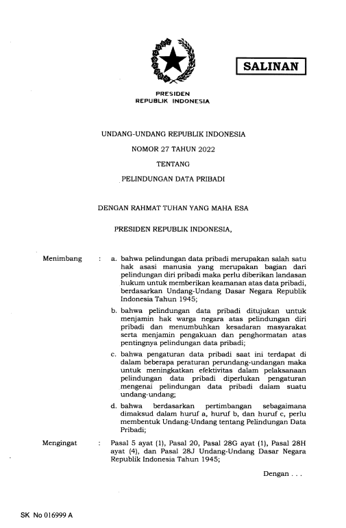 Undang-undang Nomor 27 Tahun 2022 Tentang Pelindungan Data Pribadi