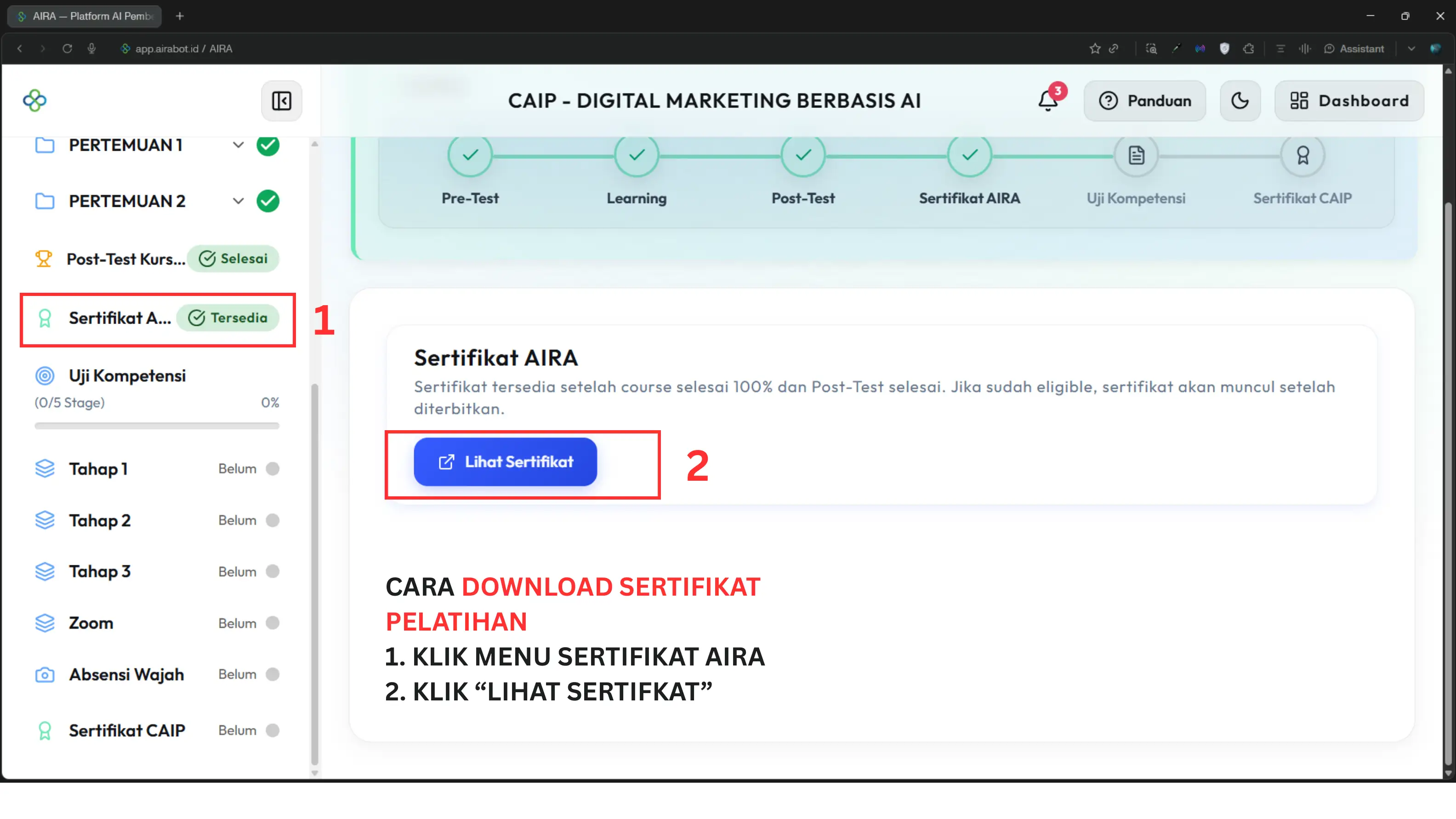 Screenshot langkah 3: Sertifikat AIRA Belum Terbit / Status Menunggu-Terkunci-Tersedia