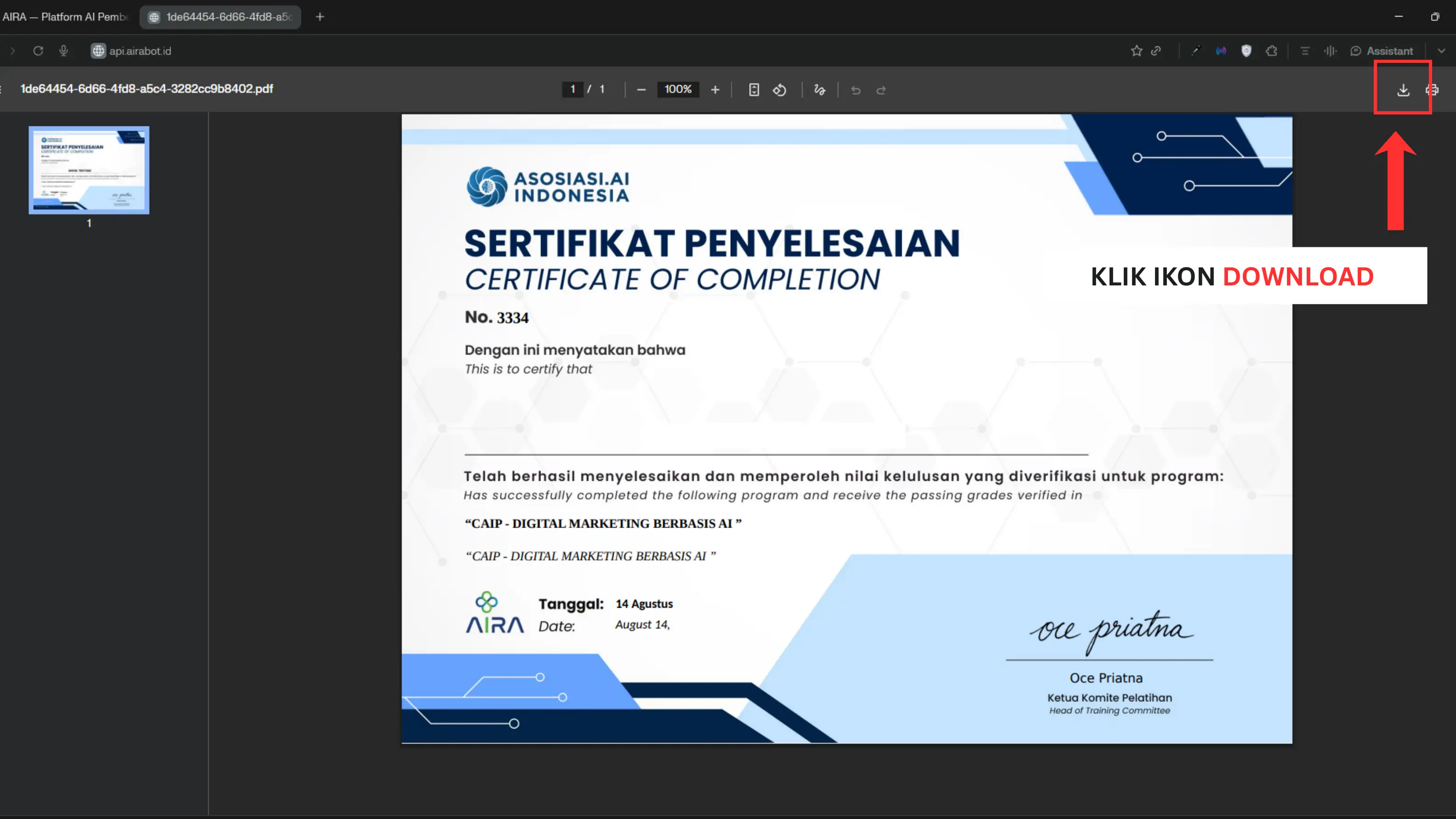 Screenshot langkah 4: Sertifikat AIRA Belum Terbit / Status Menunggu-Terkunci-Tersedia
