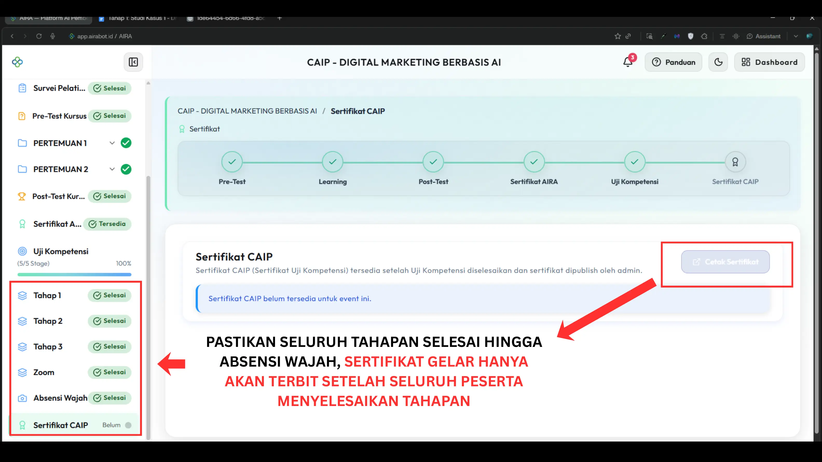 Screenshot langkah 5: Sertifikat/SK CAIP Kapan Terbit?