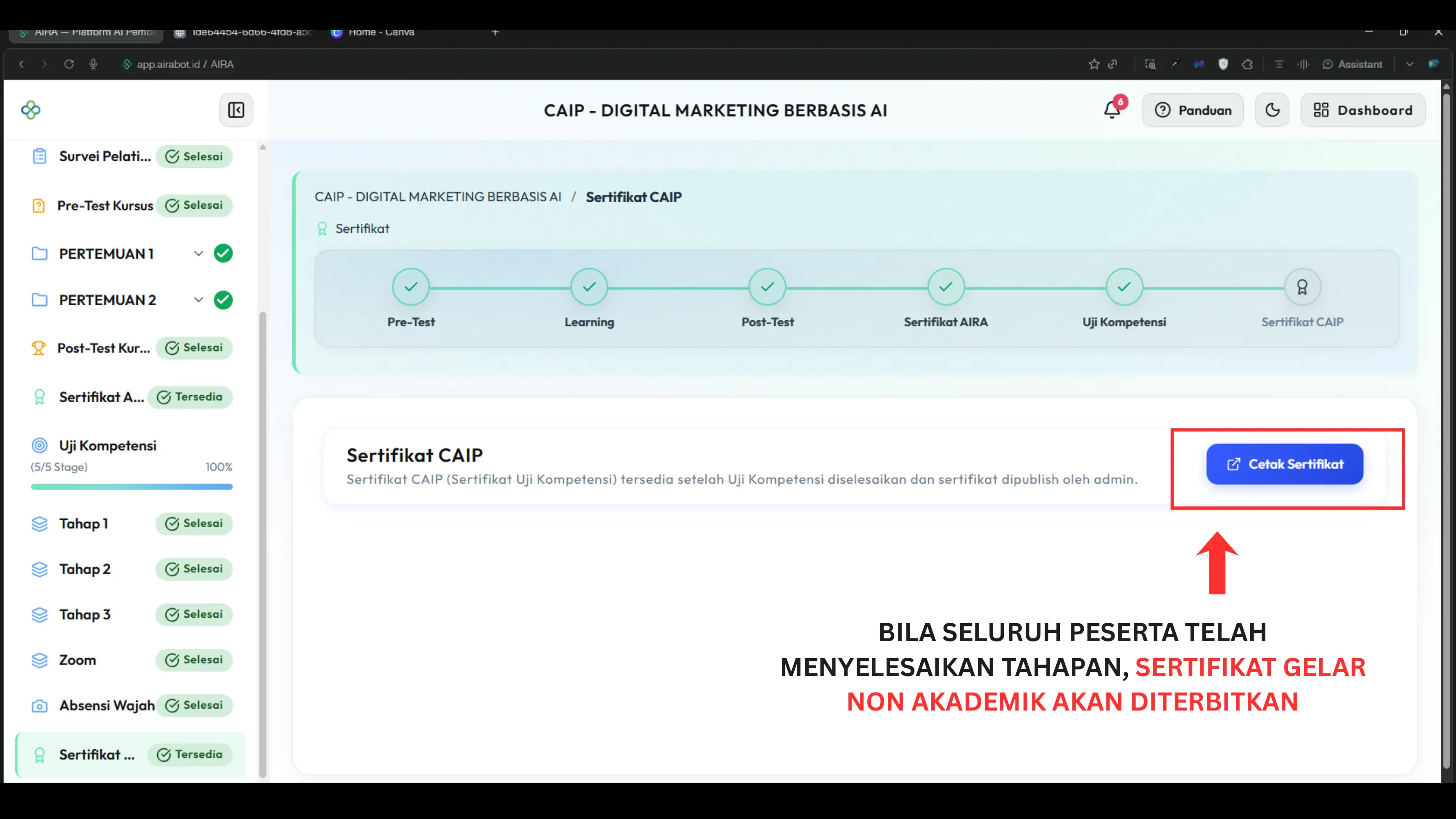 Screenshot langkah 6: Sertifikat/SK CAIP Kapan Terbit?