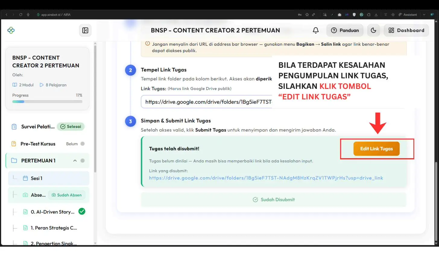 Screenshot langkah 1: Cara Mengganti Link Tugas Setelah Submit