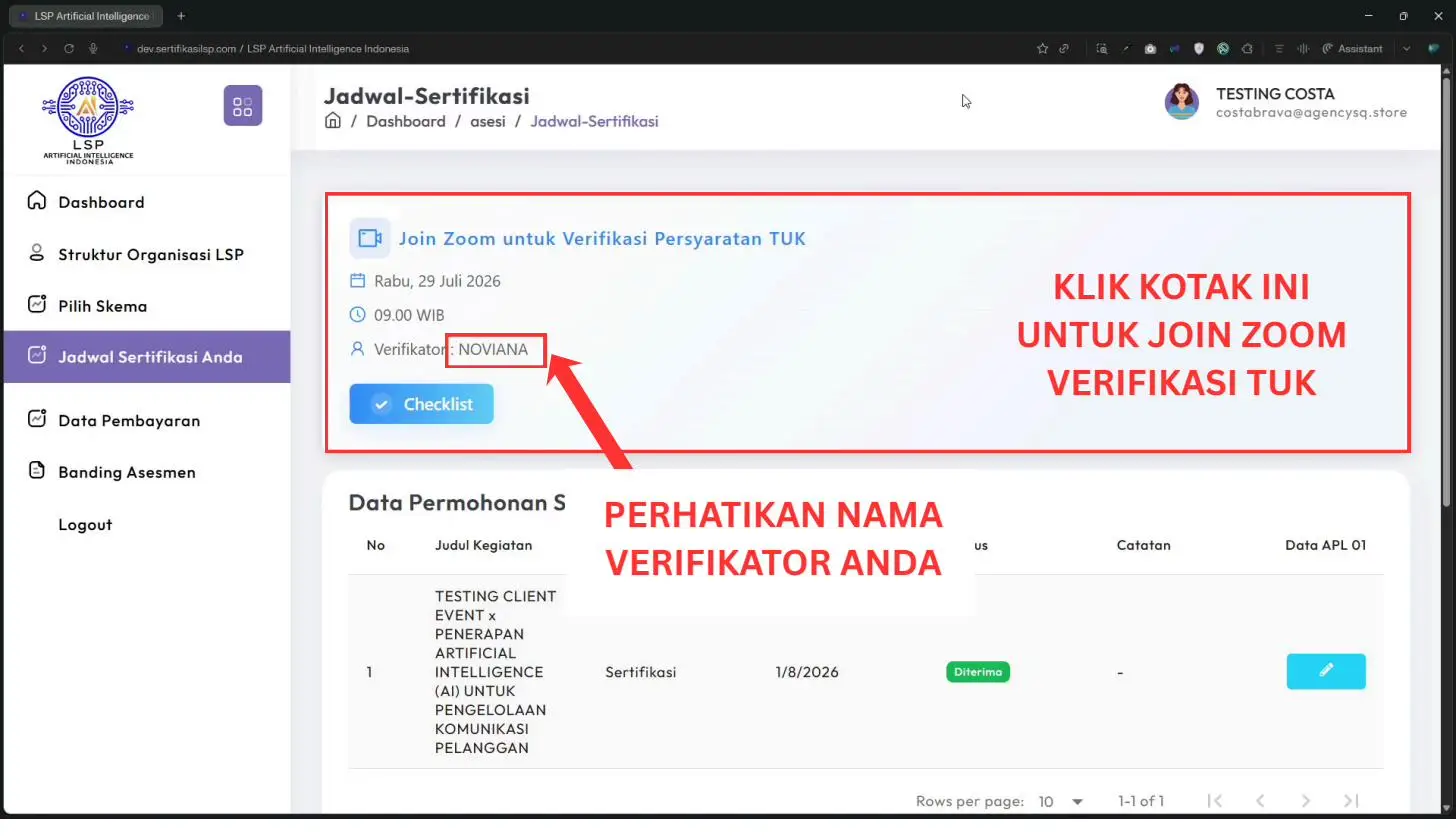 Screenshot langkah 1: Cara Mengikuti Verifikasi TUK via Zoom