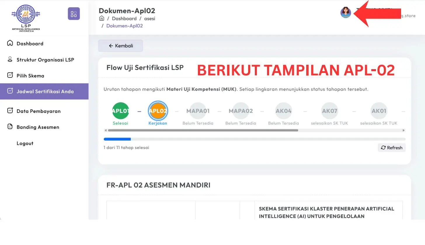 Screenshot langkah 3: Cara Mengisi Form APL-02 (Asesmen Mandiri)