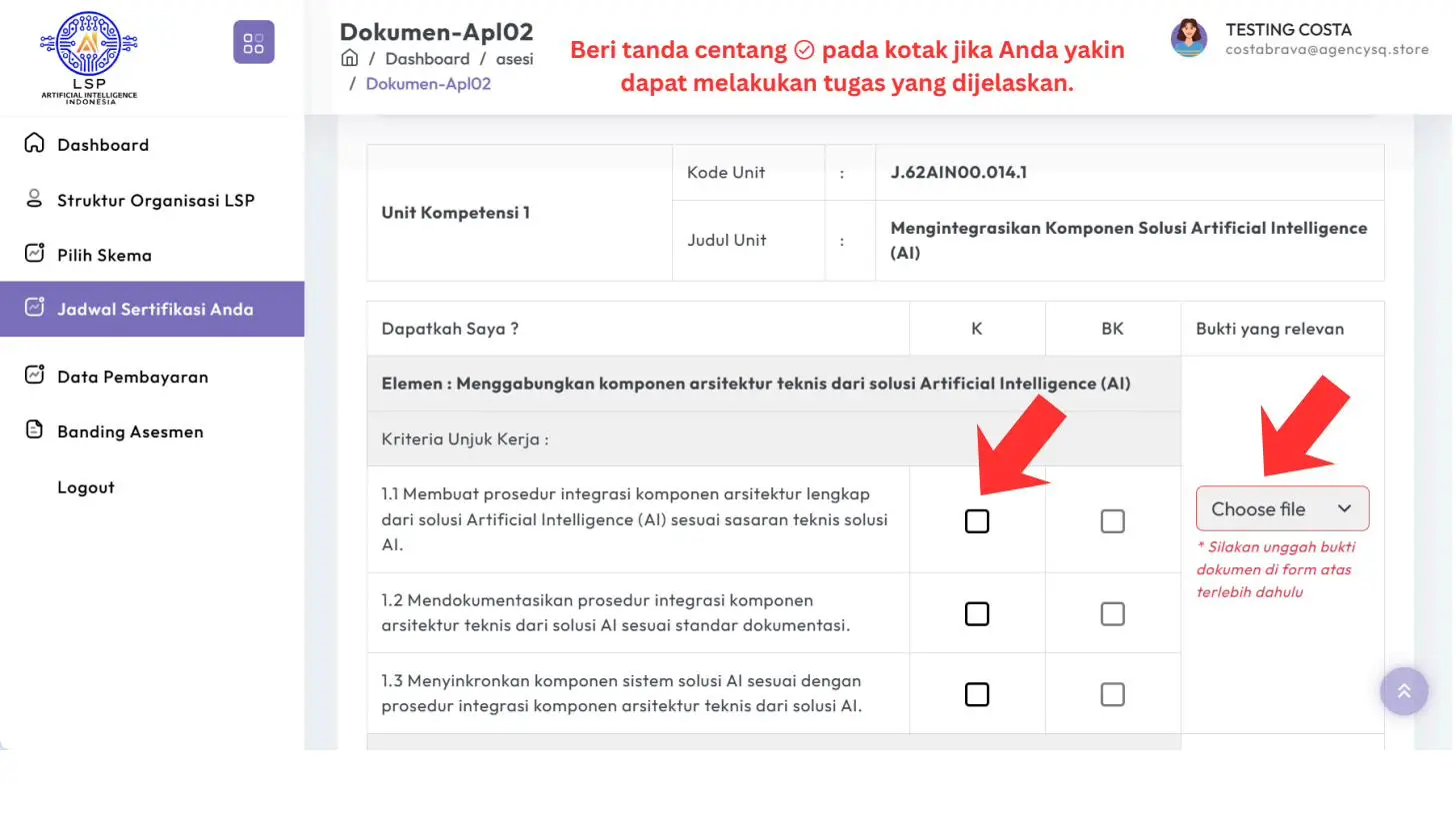 Screenshot langkah 5: Cara Mengisi Form APL-02 (Asesmen Mandiri)