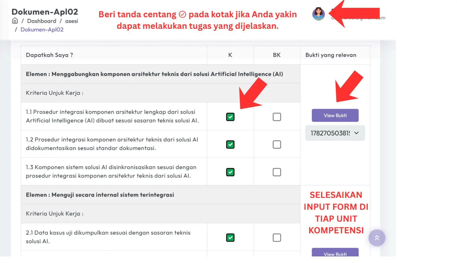 Screenshot langkah 6: Cara Mengisi Form APL-02 (Asesmen Mandiri)