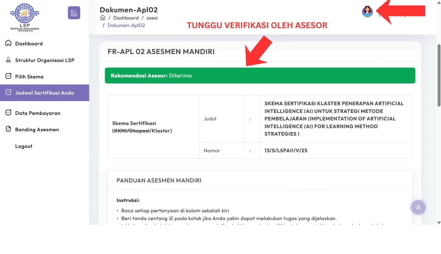 Screenshot langkah 8: Cara Mengisi Form APL-02 (Asesmen Mandiri)