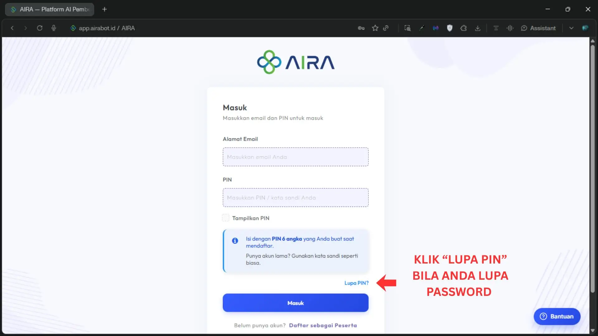 Screenshot langkah 1: Lupa Password / PIN AIRA, atau Akun Tidak Bisa Dibuka di Device Lain